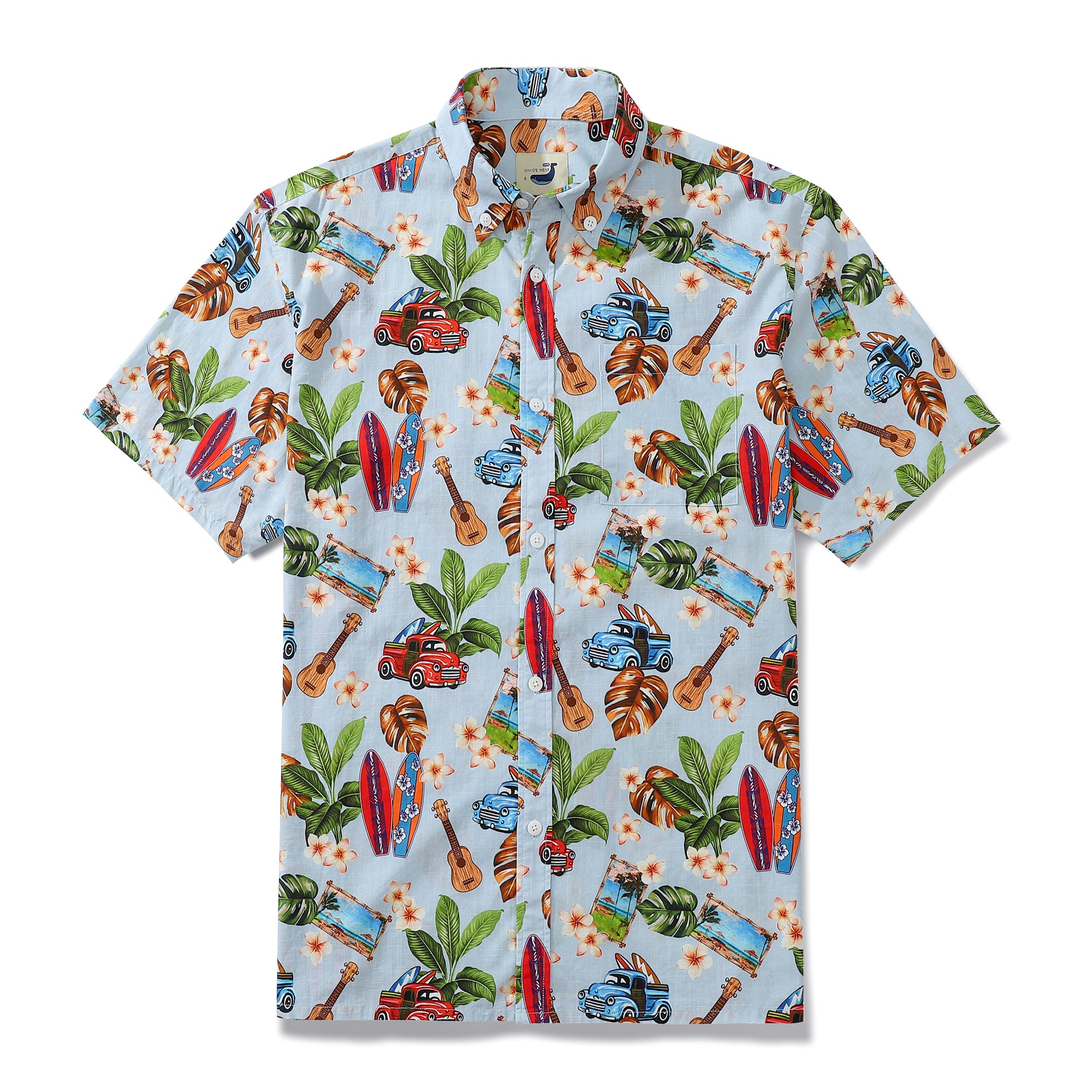 Vintage Car And Ukulele Print Men's Button-down Shirt 100% Cotton
